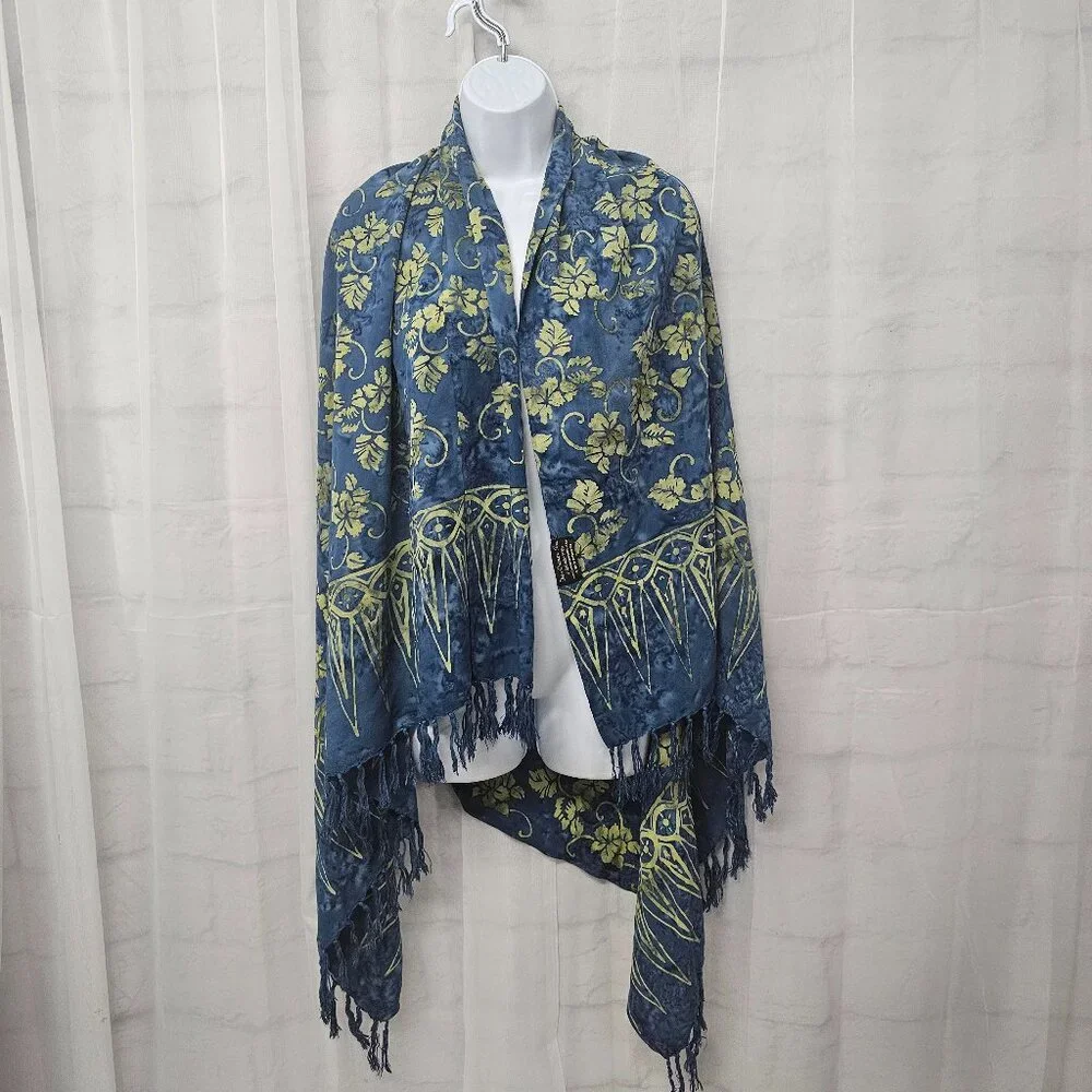 Two Cranes Scarf Shawl Wrap Batik Boho Floral Fringed Blue Green
